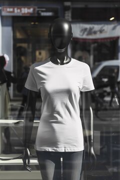 white womans's front tshirt print on demand mockup on mannequin in a storefront - Generative ai