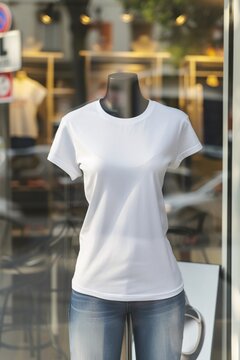 white womans's front tshirt print on demand mockup on mannequin in a storefront - Generative ai