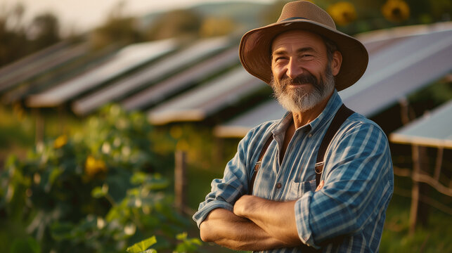 Smiling farmer with folded arms in front of solar panels.