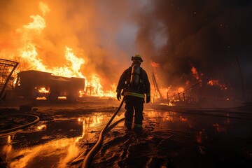 Firefighters in full gear bravely battling a raging fire