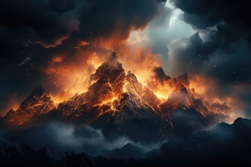Fototapeta na wymiar Lightning flashes behind a veil of thick clouds over a mountain range