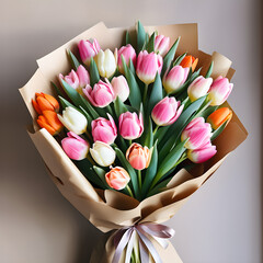 Bouquet of tulips in a paper wrapper. Generative Ai