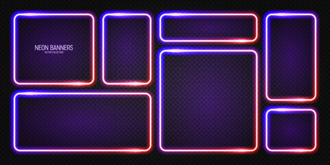 Glowing neon banners, illuminated colorful square frames. Shiny vibrant border, glow effect. Violet vintage retro lights, night illumination. Modern futuristic UI design elements. Vector illustration