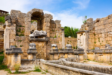 Fototapeta na wymiar Scenic ruins of the nymphaeum (nymphaion) in Perge (Perga) at Antalya Province, Turkey.