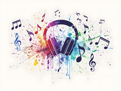 Vibrant Concept of Music and Creativity: Dynamic Black Headphones Amidst Colorful Splashes and Dancing Musical Notes, Symbolizing Excitement, Passion, and Freedom in Sound Engineering and Music Produc