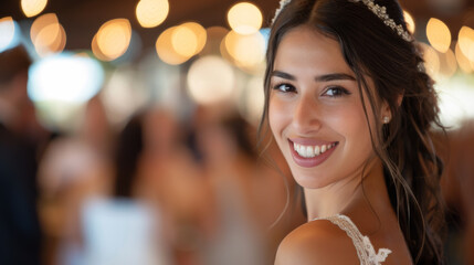 A beautiful smiling newlywed bride at her wedding reception.