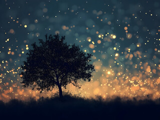 Naklejka premium Enchanting Twilight Landscape with Solitary Tree and Glowing Orbs, Concept of Serenity, Mystical Nature, Fantasy, and Magical Landscapes, Ideal for Themes Related to Nature’s Beauty