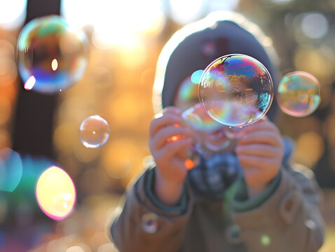 Child’s Wonder: Enchanted by Iridescent Bubbles in Golden Sunlight - Concept of Innocence, Discovery, and the Beauty of Simple Pleasures