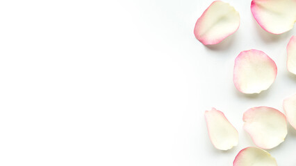 Gentle white rose petals on white background. Flat lay, top view, copy space. Valentines Day or...