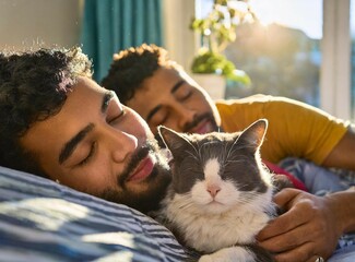 Couple sleep in bed with cat