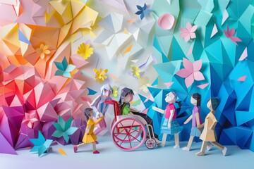 A Vibrant 3D Cut-Out Art Scene of a disabled person with Colorful Figures and Nature, Crafting an Imaginative Landscape, Generative AI