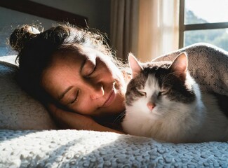 Latin woman sleeping tight with her cat at home in bed. Lifestyle photography with pet.