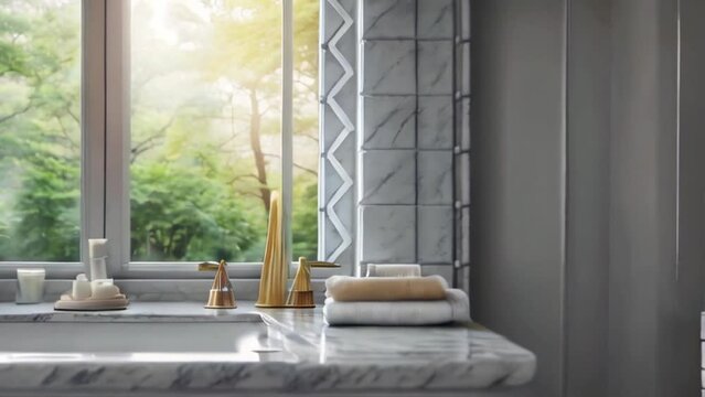  White bathroom marble countertop with copy space on blurred window background created with generative ai