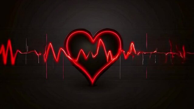 Abstract human heart shape with red cardio pulse line. Creative stylized red heart cardiogram with human heart on black background. Health, cardiology, created with generative ai