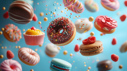 Confectionery and sweets collage, Flying Donuts cupcakes cookies - obrazy, fototapety, plakaty