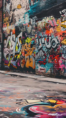 Vibrant Urban Graffiti: A Symphony of Rebellion and Creativity - Concept of Street Culture, Artistic Freedom, and Urban Aesthetics in a Dynamic Graffiti-Covered Wall Scene