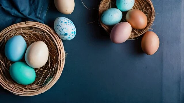 Easter painted eggs and napkin on dark blue background. Top view easter concept easter eggs in basket created with generative ai