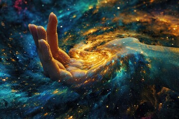 Cosmic hand symbolizes peace, enlightenment, and wellbeing. - obrazy, fototapety, plakaty