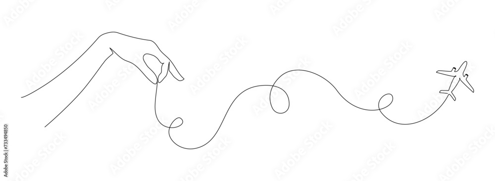 Poster One continuous line drawing of Airplane with hand. Business Concept of world travel and international flight airline with trace in simple linear style. Editable stroke. Doodle Vector illustration