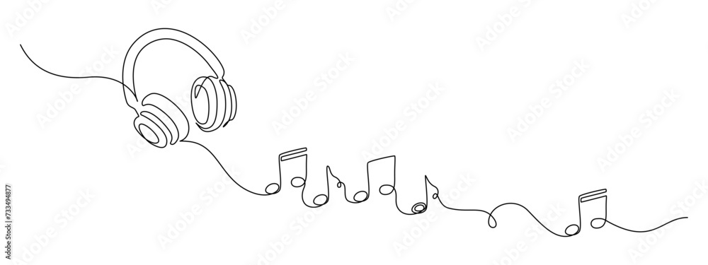 Fototapete One continuous line drawing of musical notes and headphones. Minimalistic web banner and modern logo of sound and music school in simple linear style. Editable stroke. Doodle vector illustration