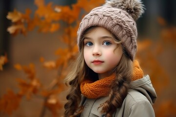 portrait of a beautiful little girl in a hat and scarf outdoors