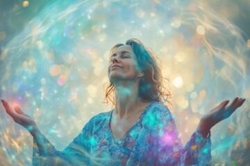 Obraz na płótnie Canvas Mindful woman embracing positive spiritual energy