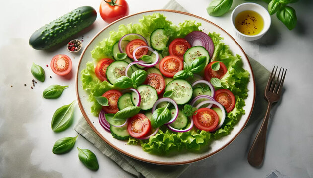 Aqui está outra imagem de um prato de salada, desta vez incluindo alface, tomate, pepino, anéis de cebola vermelha, e um leve molho de azeite e vinagre, guarnecido com folhas de manjericão fresco. A a