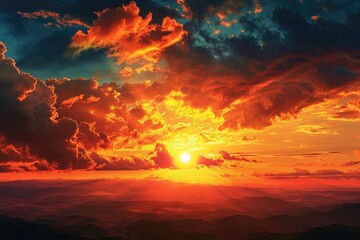 Sunset landscape with orange clouds and dark scenery.