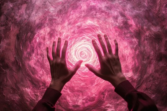 Female hands reach into pink energy field