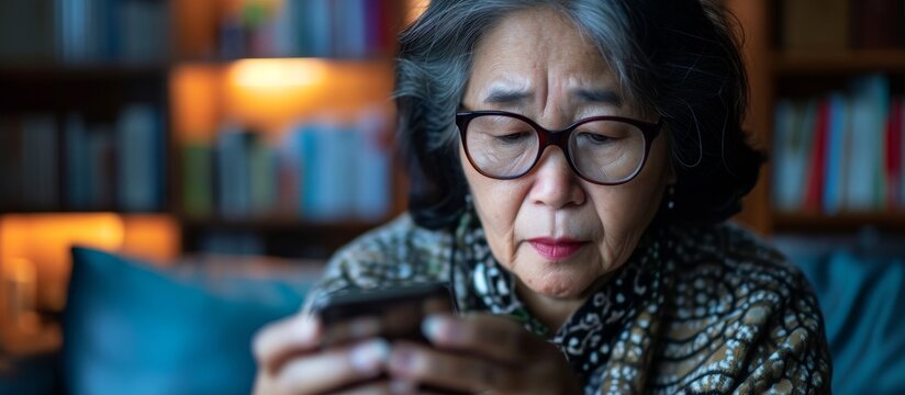 Middle-aged Asian Woman With Blurred Vision Holding Glasses Struggles To Read Text Message On Smartphone Screen Due To Presbyopia, An Eye Disease Resulting In Farsightedness In Older Individuals.