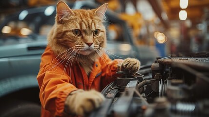 A cat mechanic repairs a car in a car service station using tools