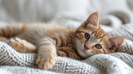 Fototapeta na wymiar Cute tabby kitten sleep on white soft blanket. Cats rest napping on bed. Comfortable pets sleep
