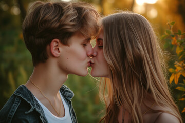 First Kiss of a Teenage Couple, Surrounded by Nature in Their First Kiss Full of Affection and Love on Kiss Day