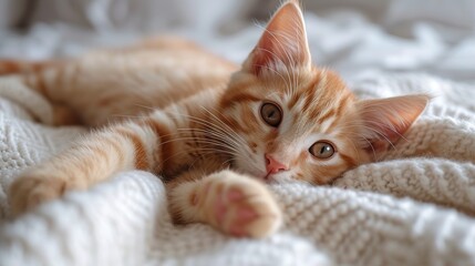 Cute tabby kitten sleep on white soft blanket. Cats rest napping on bed. Comfortable pets sleep