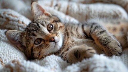 Cute tabby kitten sleep on white soft blanket. Cats rest napping on bed. Comfortable pets sleep