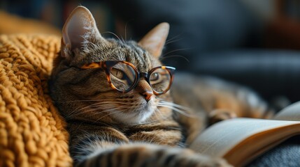 A cute red-haired cat is lying on the couch with glasses and reading a book