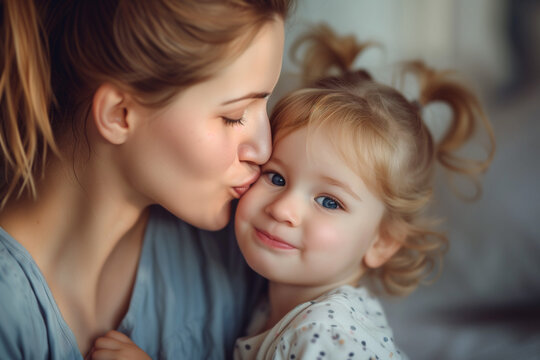 Tender Kiss from a Mother to Her Daughter, Cheek Kiss to a Smiling Baby, Full of Happiness on Kiss Day