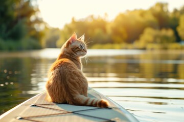 Ginger cat seated on a paddleboard, gazing at the lake's horizon. a cat on a paddleboard, calmly surveying the lake, an unexpected companion on tranquil waters
