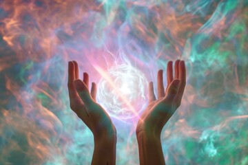 Female hands harness healing energy with ethereal background.