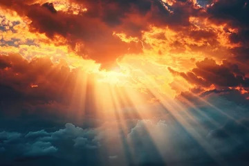 Foto op Plexiglas Sun beams breaking through dark clouds at sunset, symbolizing hope and grace. © darshika