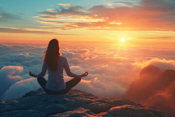 Mountain meditation at sunset brings zen and peace. - obrazy, fototapety, plakaty