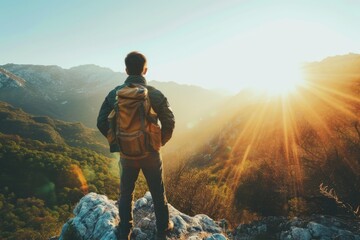 Happy young man enjoying freedom and sunshine on mountain.