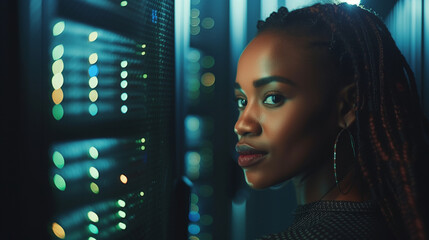 black woman IT support engineer working in a dark server room. Computer, cybersecurity, and analytics with a female programmer problem-solving or troubleshooting