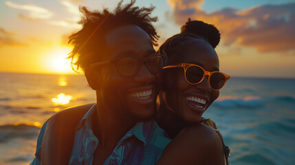 Black couple watch sunset on the beach,  travel and beach fun while laughing on a sunset nature adventure and summer vacation or honeymoon - obrazy, fototapety, plakaty