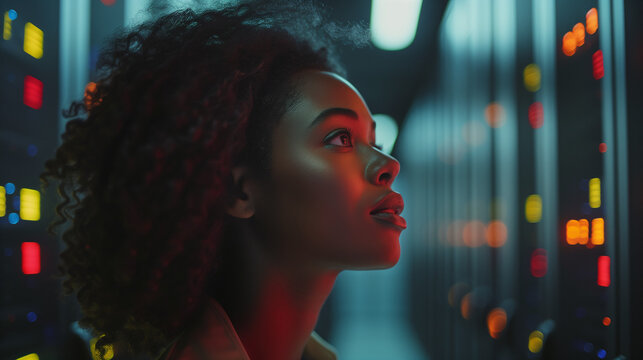 Laptop, network and data center with a black woman IT support engineer working in a dark server room. Computer, cybersecurity, and analytics with a female programmer problem-solving or troubleshooting