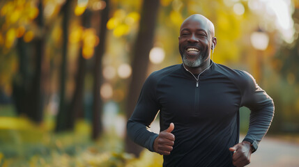 black man running in the park in nature, a Senior male outdoor runner exercise training with earphones.