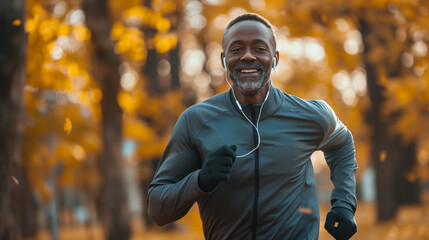 Obraz premium black man running in the park, smiling, in nature, a Senior male, an outdoor runner, and motivated for fitness, energy, and healthy exercise training with earphones.
