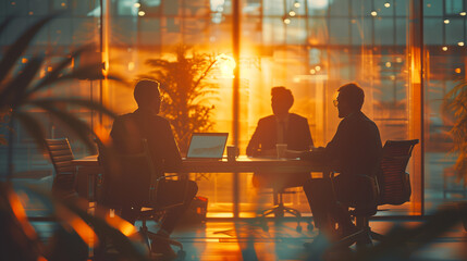 Teamwork meetings, tablets and business people in the office workplace at sunset