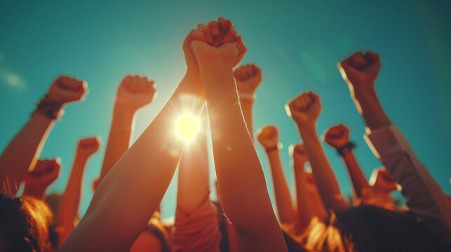 people with hands up at sunset, Lets stand together. Shot of a group of unrecognizable people holding hands together in the air.