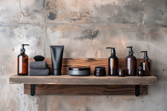 Modern men's grooming products on wooden shelf against a concrete wall. a collection of men's skincare products on a wooden shelf, highlighting a variety of grooming essentials